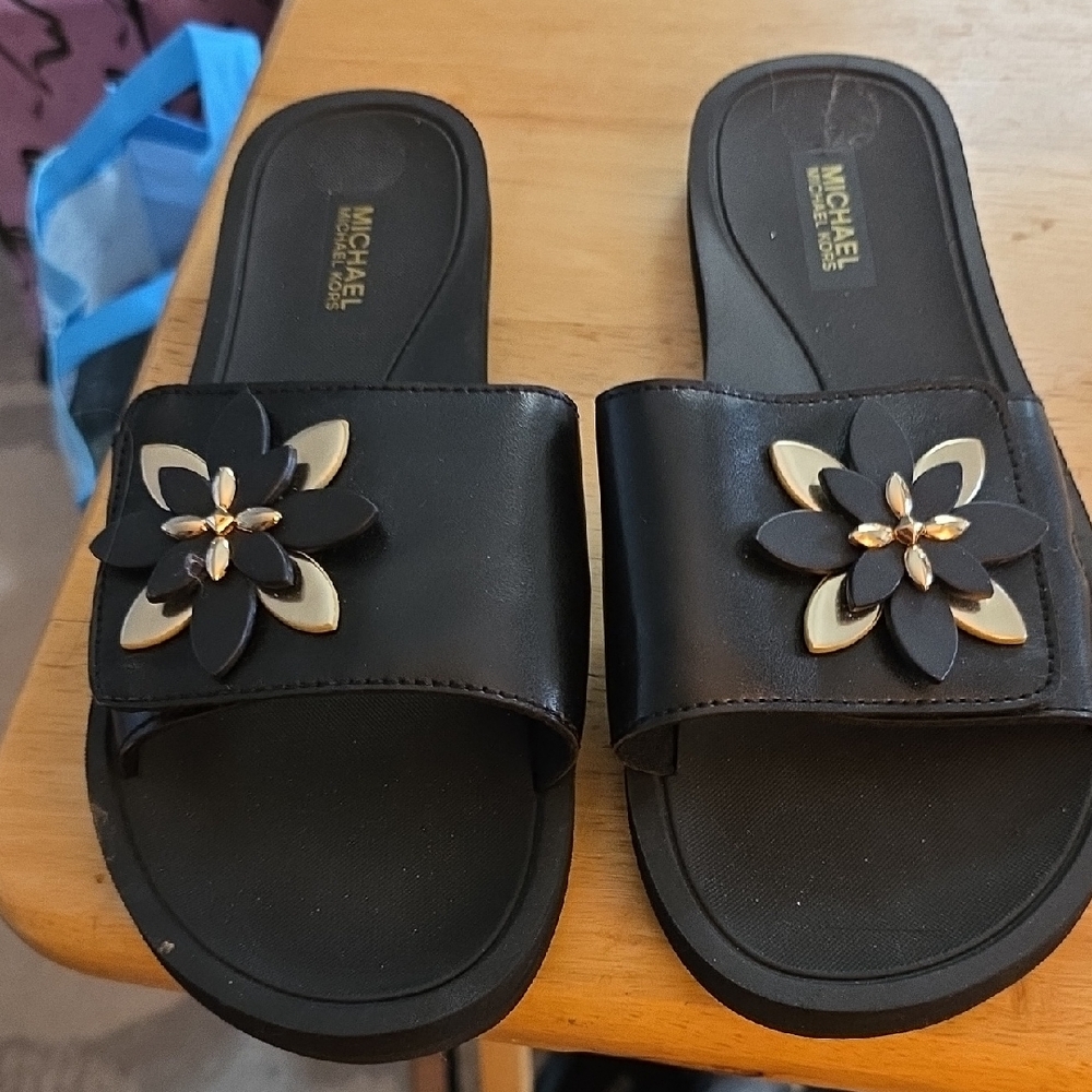 Michael Kors Black Sandals with Gold Floral Accent